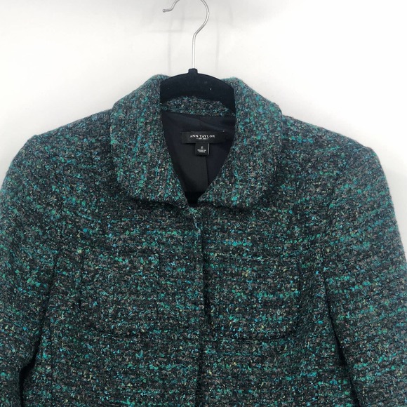 Ann Taylor Tweed Jacket Button Up Front Pocket Collared Long Sleeve Green Size 2 - Picture 2 of 9